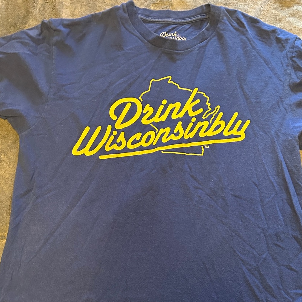 Drink Wisconsinibly blue and yellow men’s tee shirt
